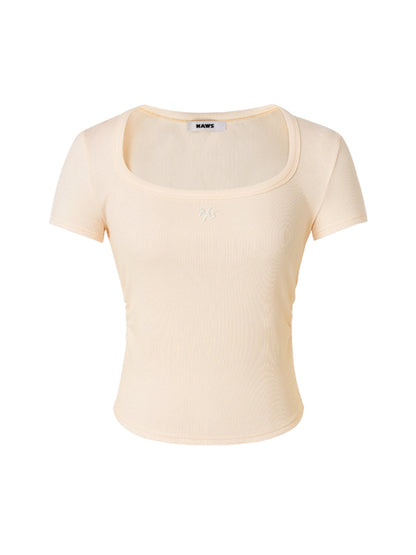 Ice Silk Ribbed Waist Cinching Round Corner T-Shirt