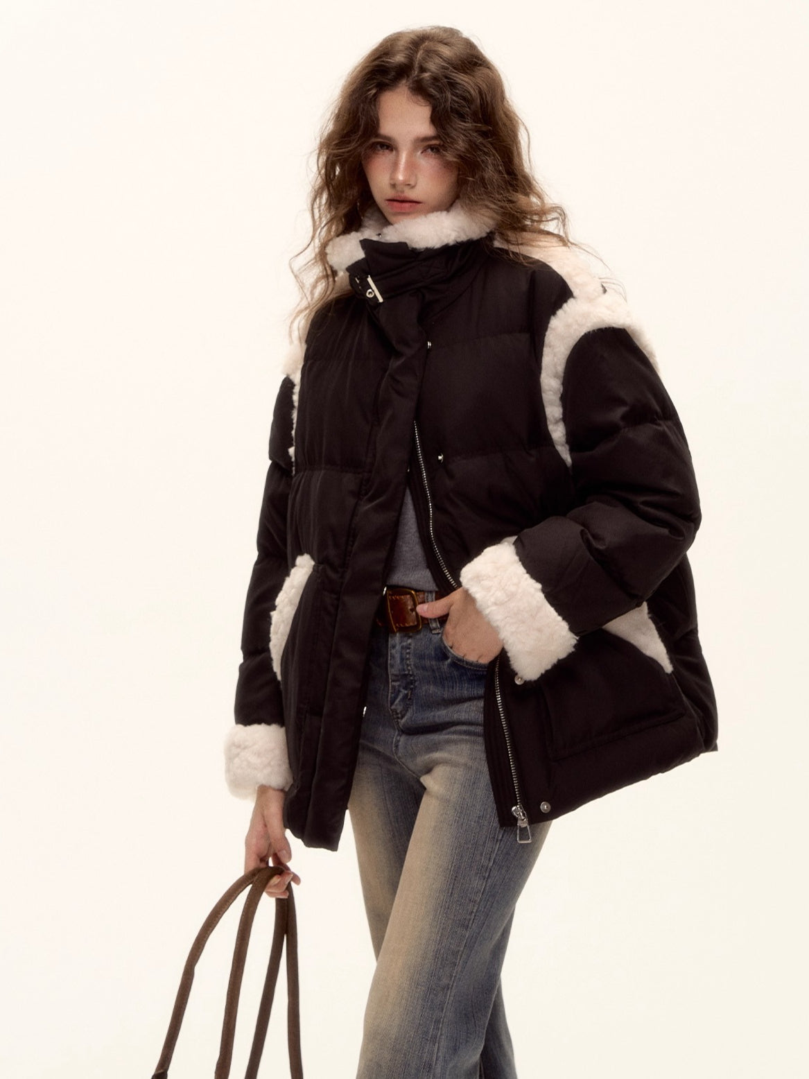 Faux Shearling Panel Down Jacket