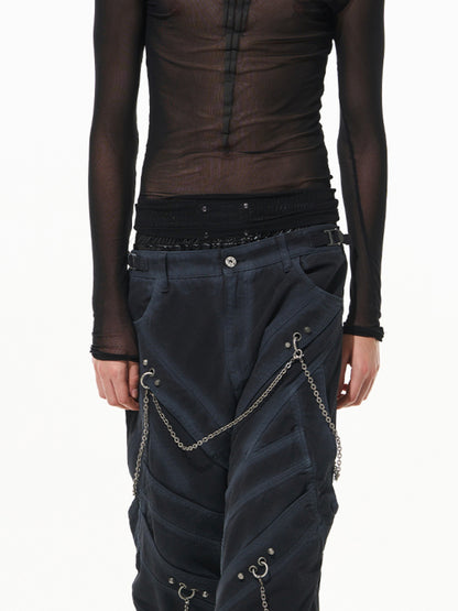 Black Chain-Decorated Washed Cargo Pants