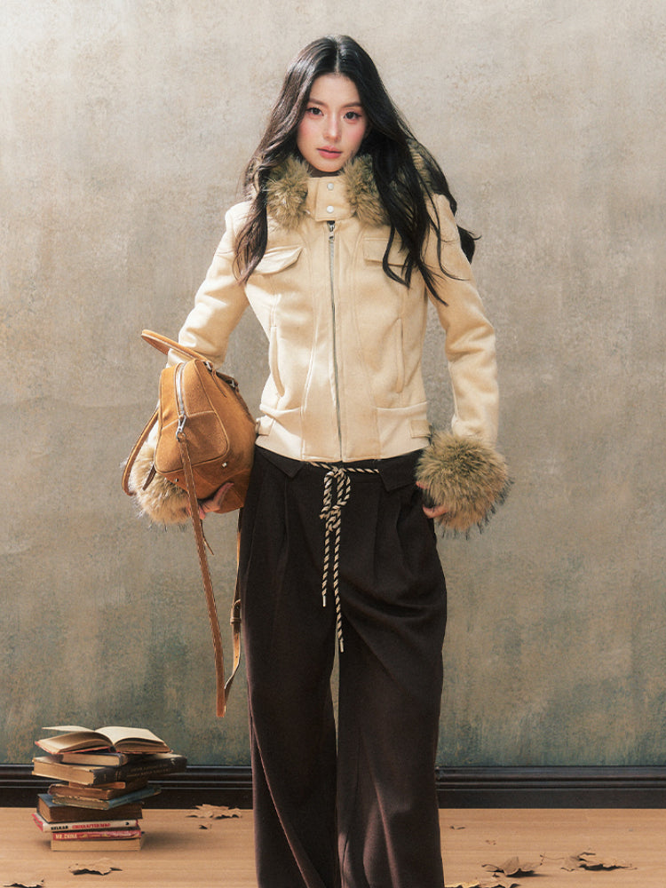 Two-Tone Hooded Fur Collar Shearling Coat