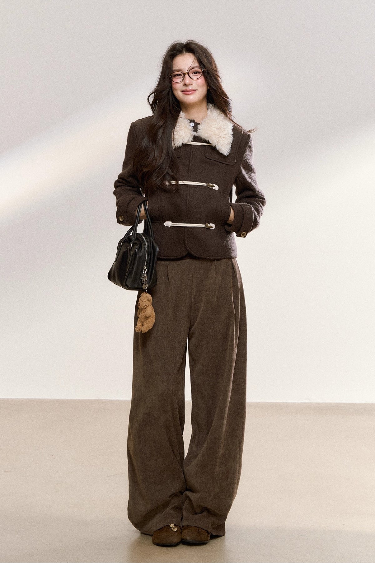 Brown Wool-Blend Toggle Cropped Jacket