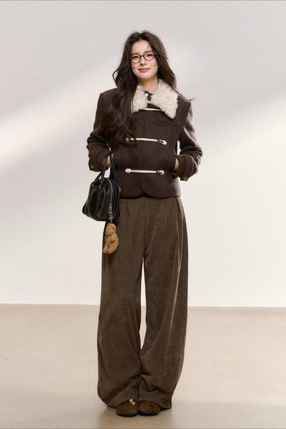 Brown Wool-Blend Toggle Cropped Jacket