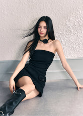 Black & Apricot Rose Choker Tweed Tube Dress - CHINASQUAD