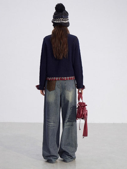 Plaid Patchwork Knit Cardigan