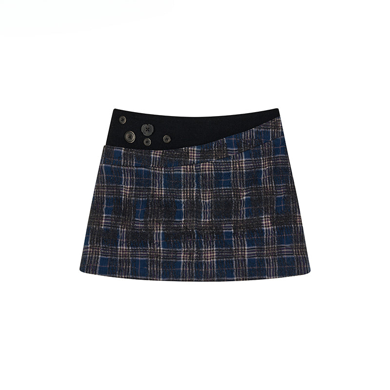 Plaid Button Patchwork A-Line Skirt