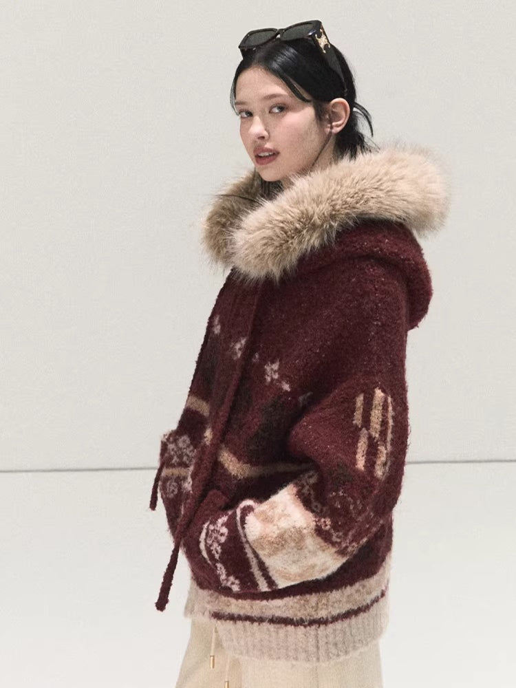 Detachable Fur-Collar Wool Hooded Cardigan