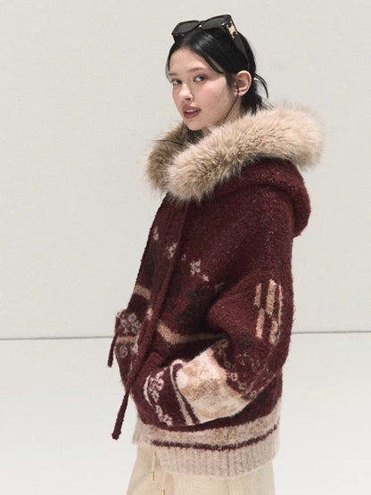 Detachable Fur-Collar Wool Hooded Cardigan