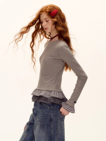 Tencel Wool Plaid Patchwork T-Shirt