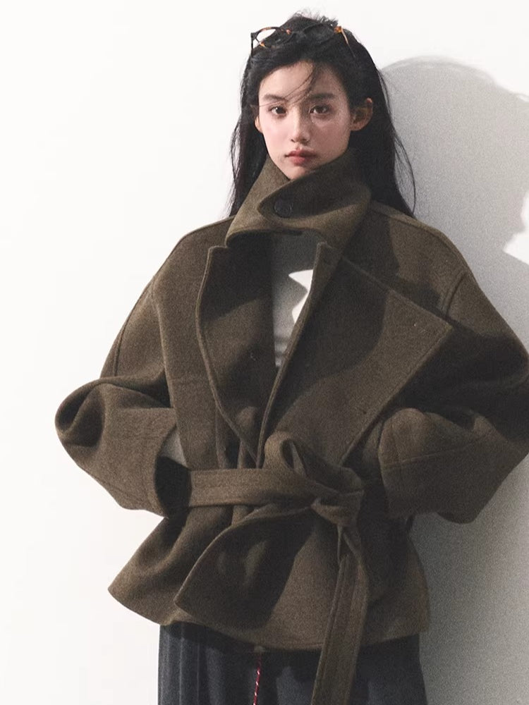 Waist-Defining Silhouette Stand-Collar Wool Coat
