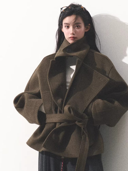 Waist-Defining Silhouette Stand-Collar Wool Coat