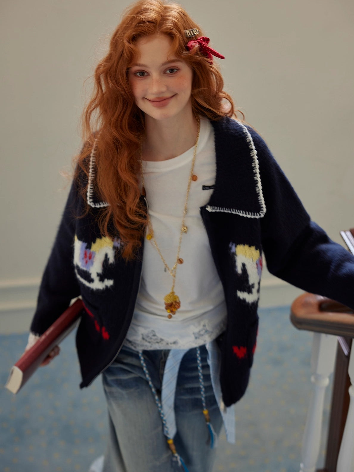 Contrast-Trim Pony Jacquard Zip-Up Knit Cardigan