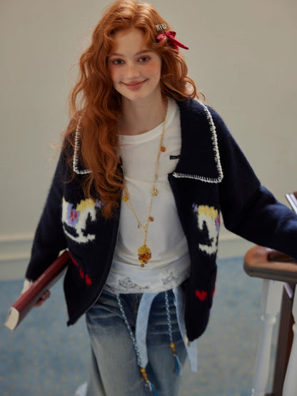 Contrast-Trim Pony Jacquard Zip-Up Knit Cardigan