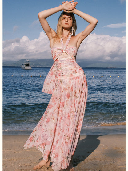 Evelyn Floral Ribbon Neckline Hollow-out Dress - CHINASQUAD