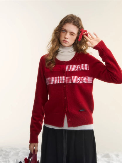 Vintage Checkered Patchwork Bow Knit Cardigan