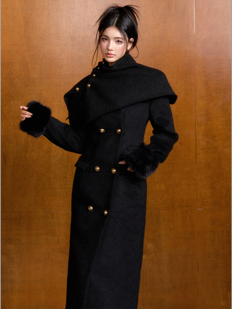 Detachable Fur Waist-Fitted Wool Coat &amp; Scarf Set