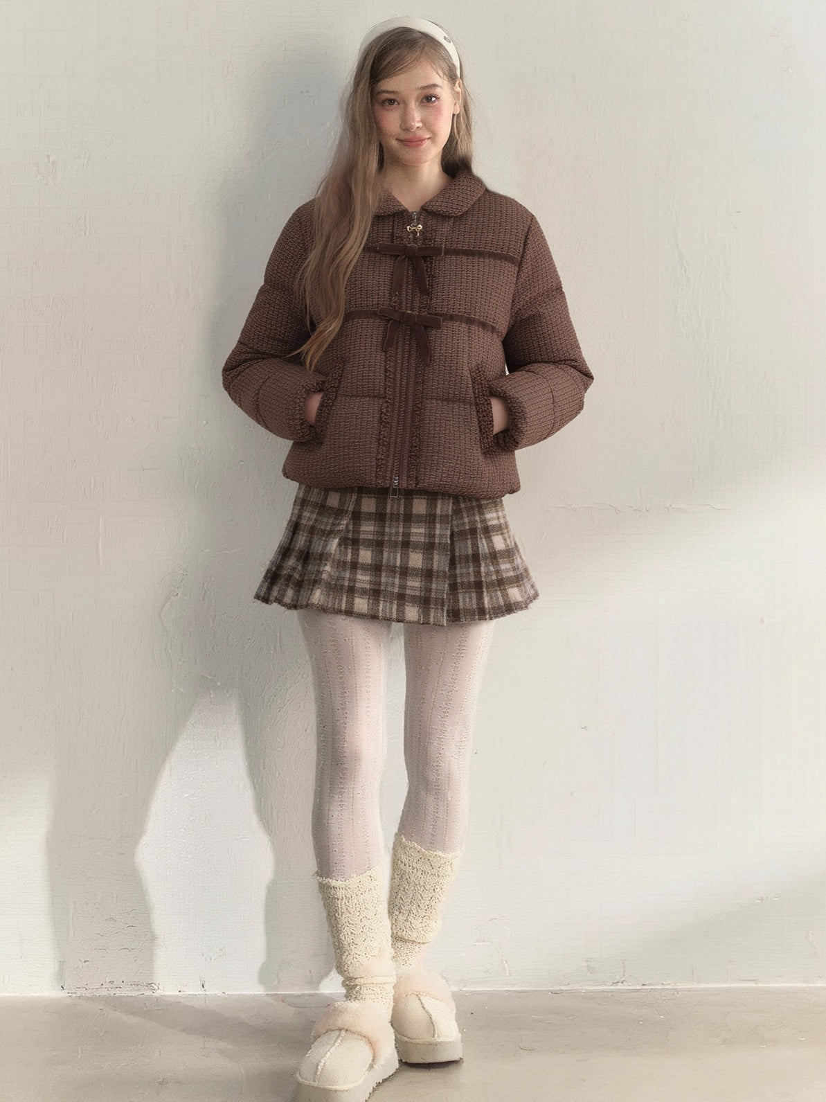 Velvet Bow Trim Down Jacket