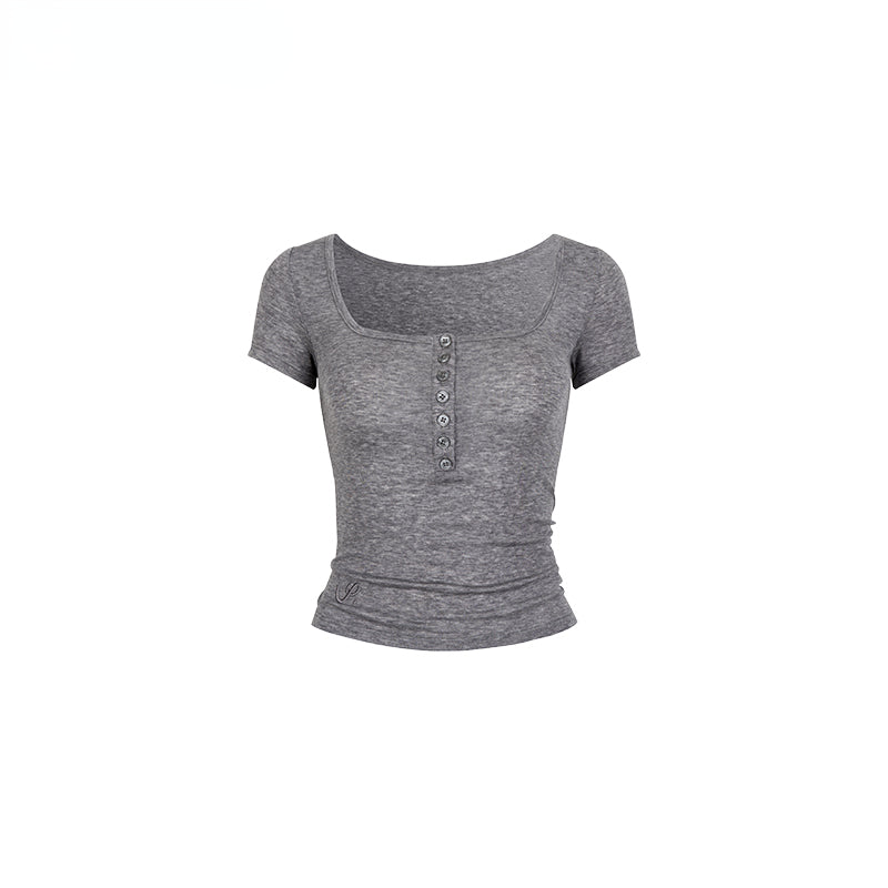 Black &amp; Grey Henley Collar Embroidered T-Shirts