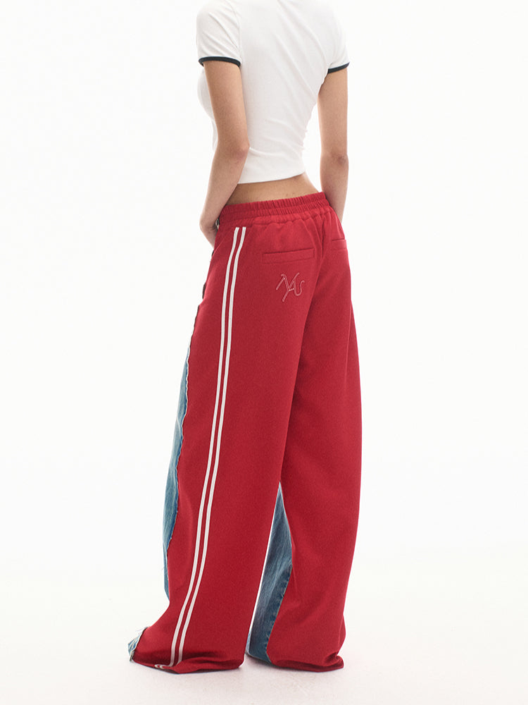 Elastic-Waist Color-Blocked Wide-Leg Pants