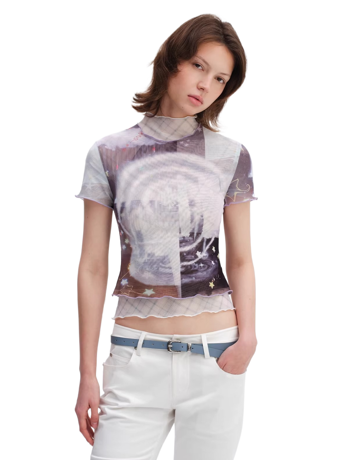 Magic Fountain Sheer Mesh Layered Slim-Fit T-Shirt