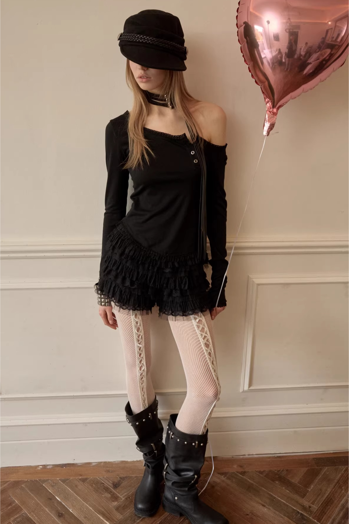 Asymmetric Henley Lace Trim Long Sleeve Top