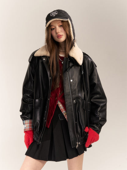 Faux Leather &amp; Shearling Down Jacket