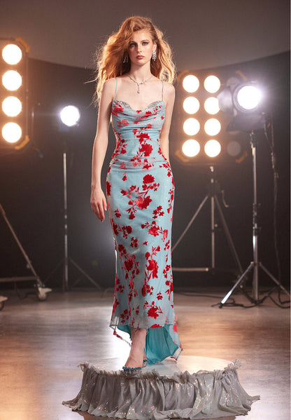 Hana Pomegranate Velvet Train Dress - CHINASQUAD