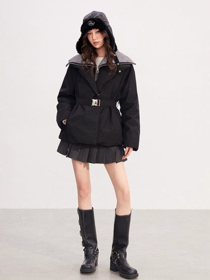 Belted Contrast-Knit Collar Down Coat