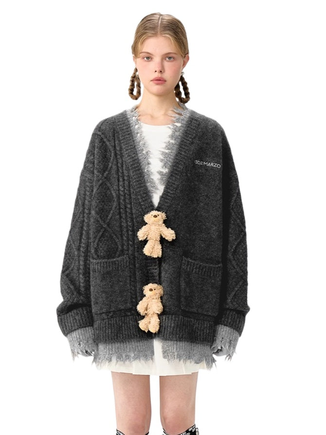 3D Plush Button Layered Knit Cardigan