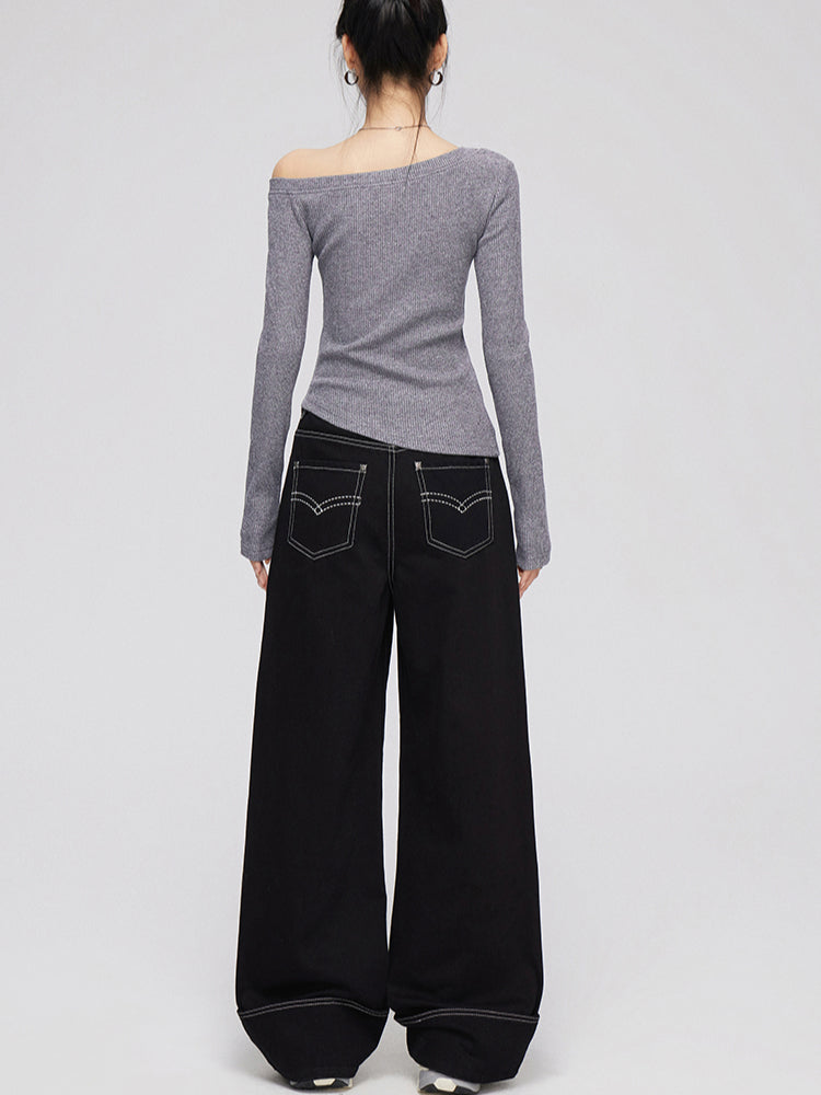 Cuffed Denim Wide-Leg Pants