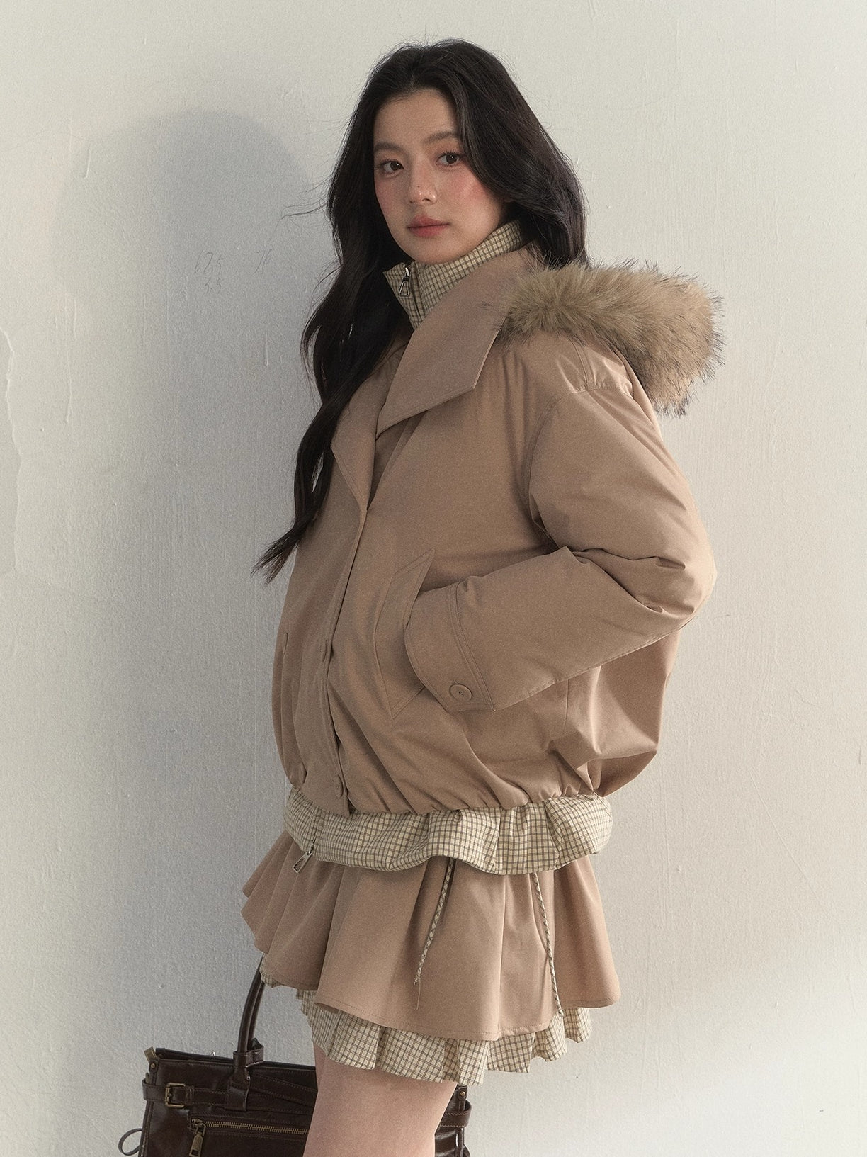 Khaki &amp; Pink Double-Breasted Layered Down Jacket