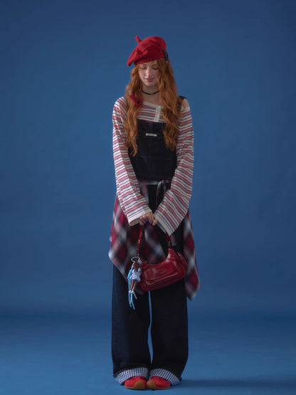 Raw Denim Wide-Leg Overalls with Red Stitching