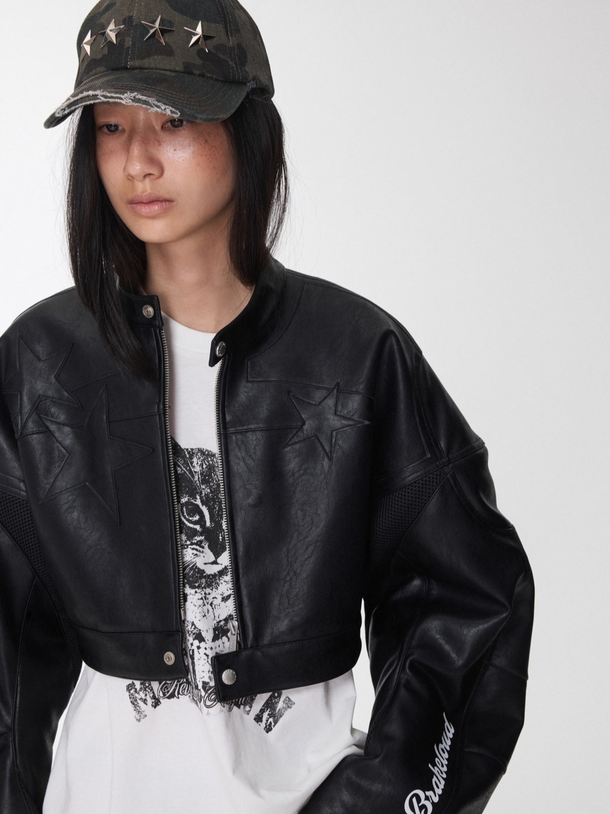 Letter Print Structured Cropped Moto Jacket