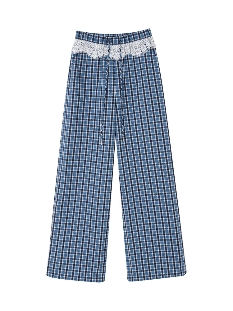 Blue Lace-Spliced Ruffled Plaid Wide-Leg Pants