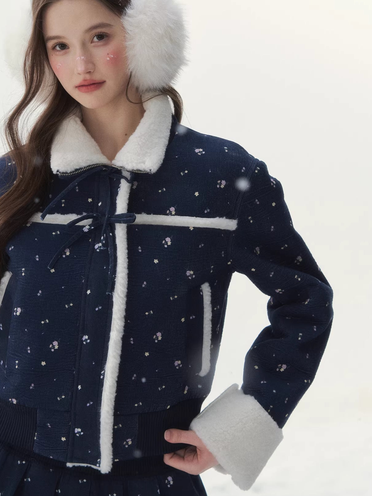 Shearling Patchwork Jacket Pleated Skirt Set