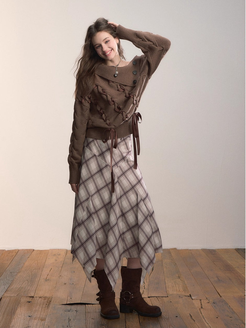 Asymmetric Off-Shoulder Cable Knit Sweater