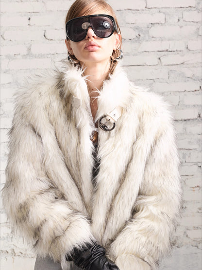 Metal-Buckle Stand Collar Faux Fur Coat