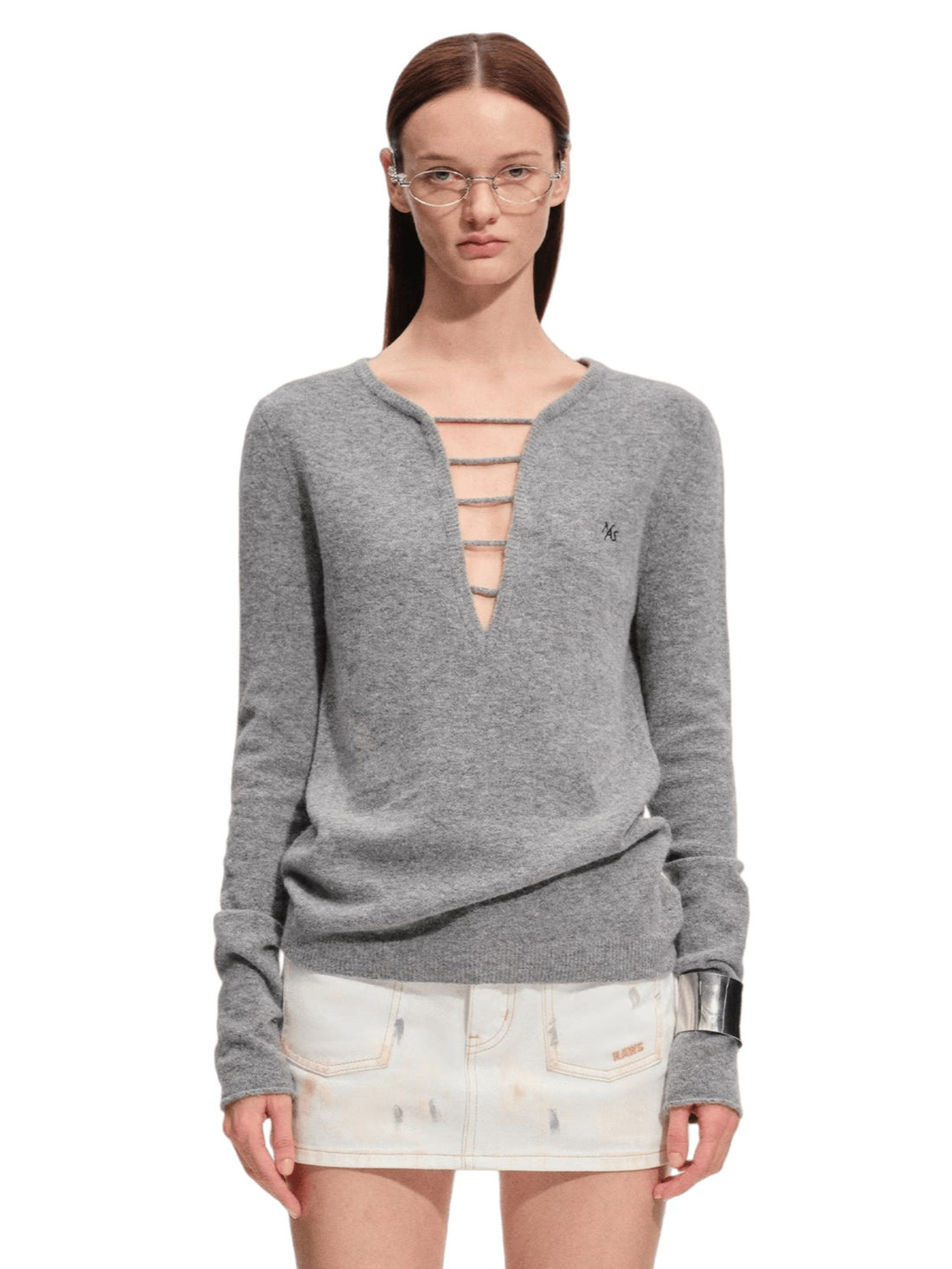Wool Deep-V Textured Knit Sweater