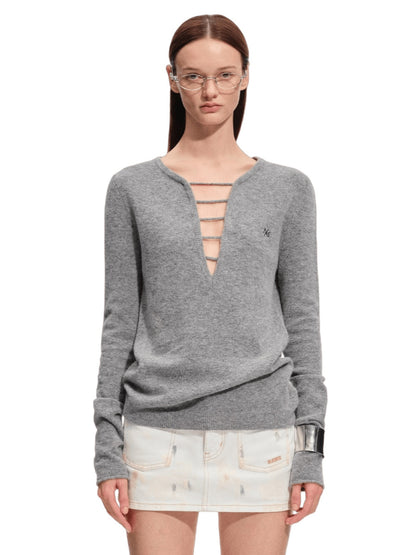 Wool Deep-V Textured Knit Sweater