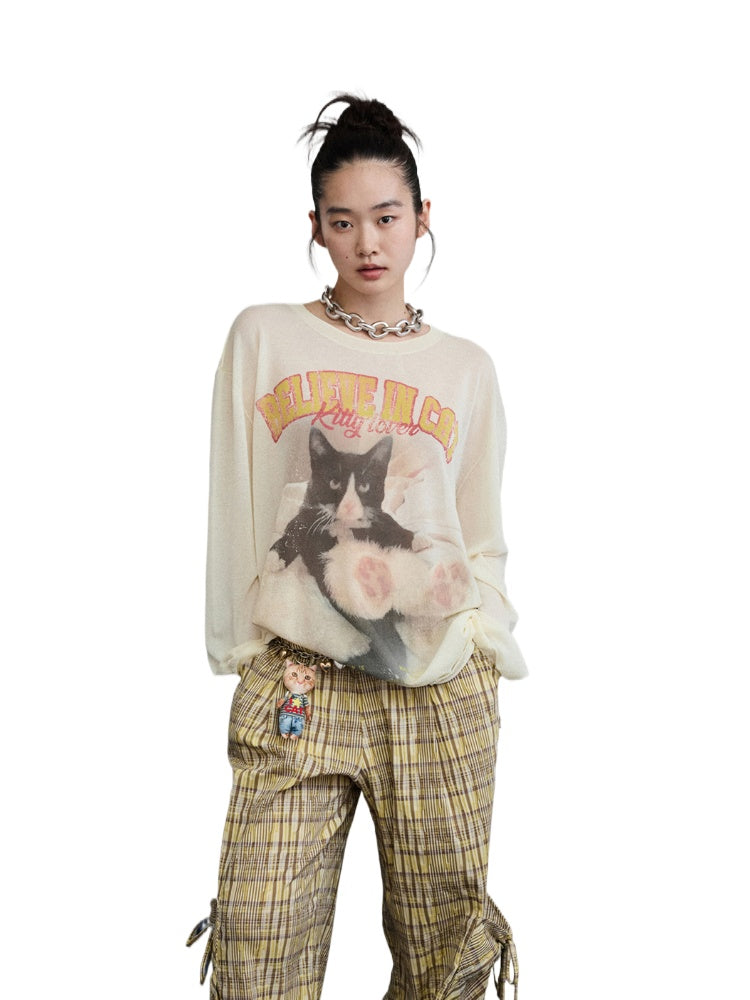 Cat Print Knitted T-shirt - CHINASQUAD
