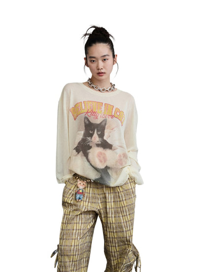 Cat Print Knitted T-shirt - CHINASQUAD