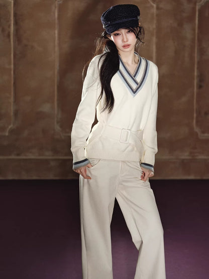 Contrast Double-V Neck Relaxed Knit Sweater