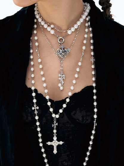 Layered Punk Heart Pearl Cross Long Necklace