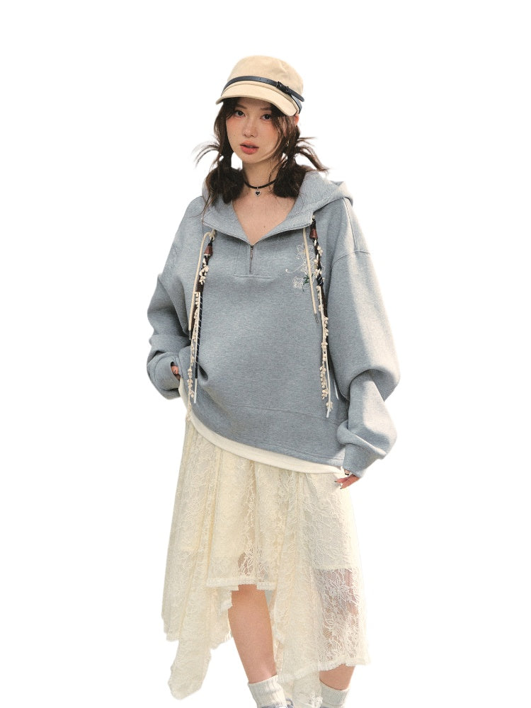 Fake Two-Piece Flower Embroidery Hat Cord Pullover Hoodie - CHINASQUAD
