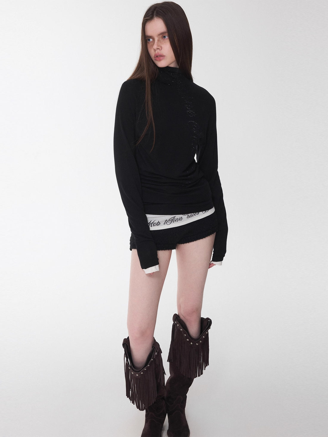 Rhinestone High-Neck Raglan Knit T-Shirt