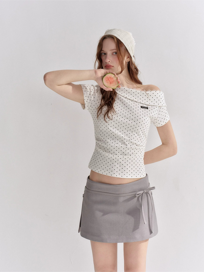 Asymmetric Off-Shoulder Polka Dot Lace Trim Fitted T-Shirt