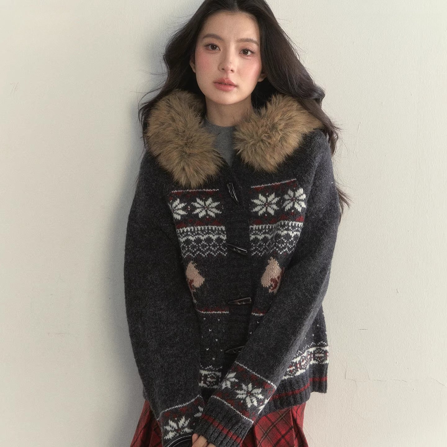 Charcoal Fair Isle Puppy Faux Fur Collar Knit Jacket