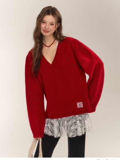 Halter V-Neck Loose Knit Sweater