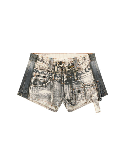 Washed Blue Printed Denim Shorts