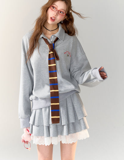 American College Style Polo Collar Sweatshirt &amp; Skirt Set