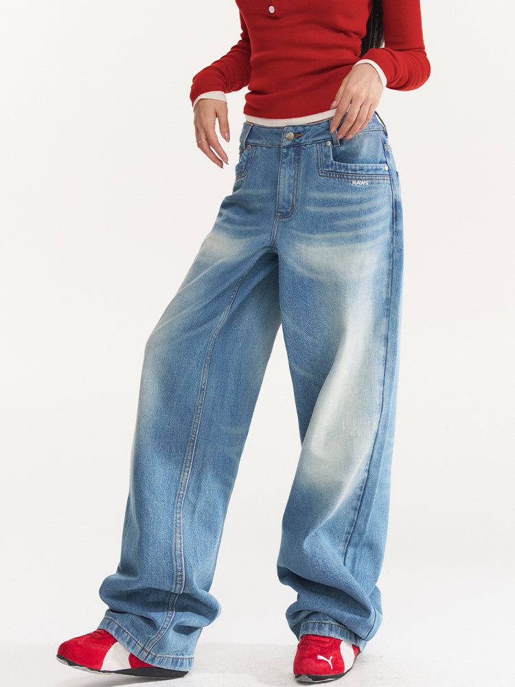 Water-Washed Low-Waist Loose Straight-Leg Pants